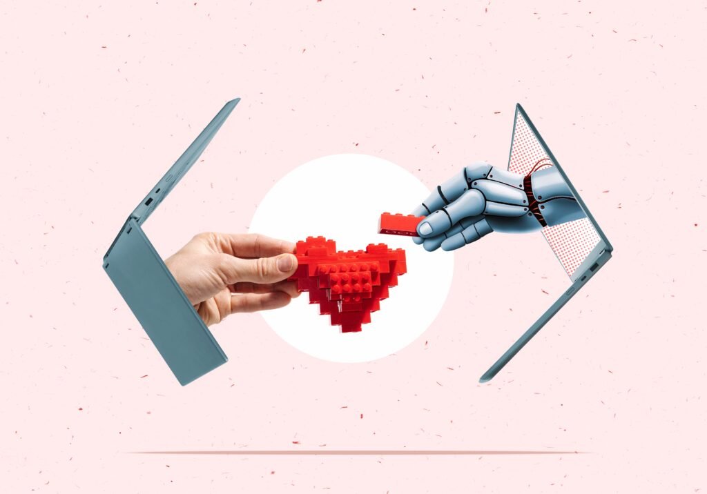 Amour et IA. personne discutant avec une intelligence artificielle, relation émotionnelle avec chatbot